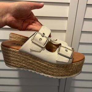 White and Tan Platform Sandals with Espadrille Wedge
